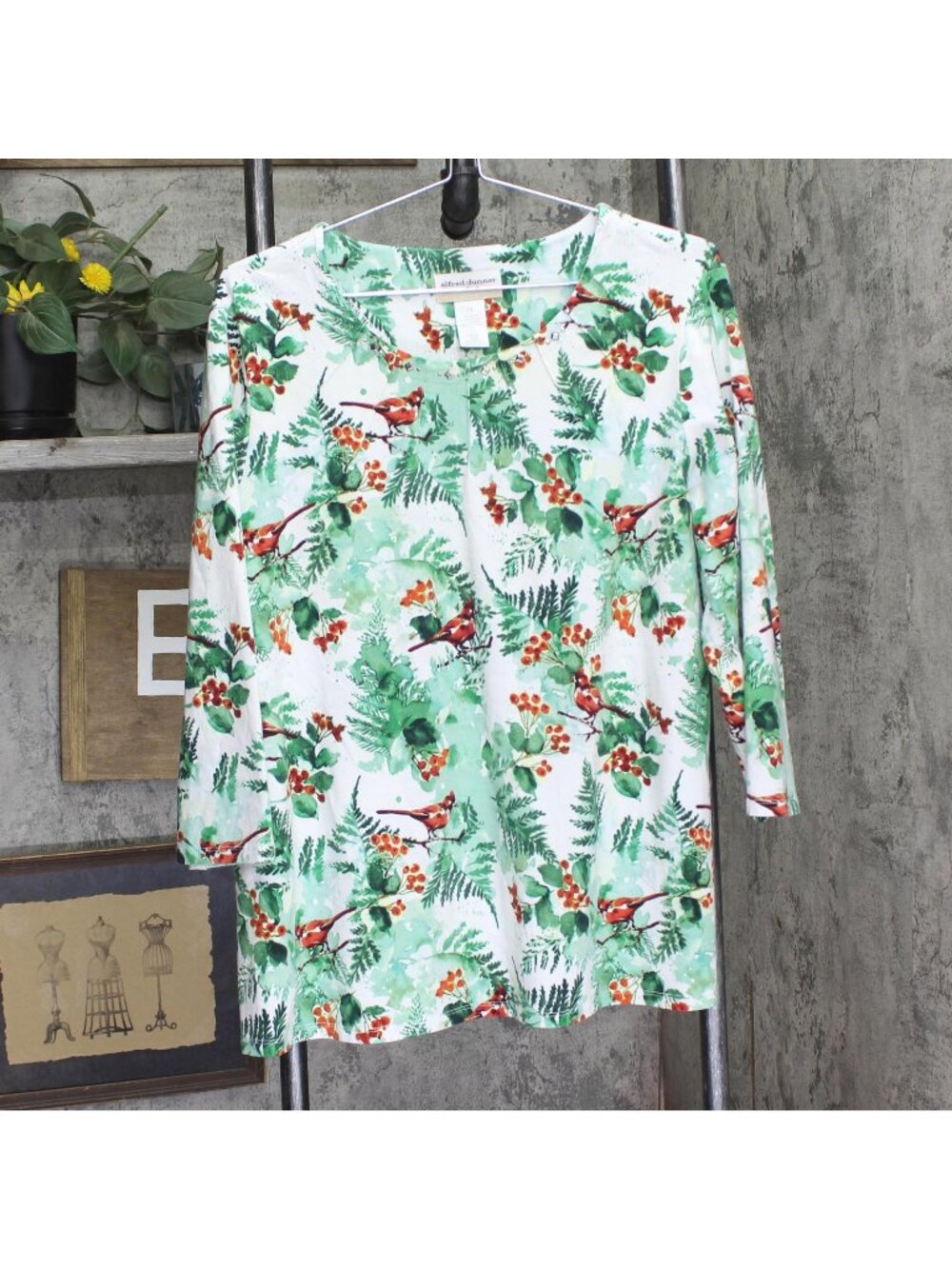 Alfred Dunner Knit Cardinal Birds Print Long Sleeve Shirt Blouse White Multi 1X